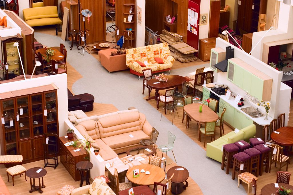 Furniture store: display of furniture and parts of modern interiors